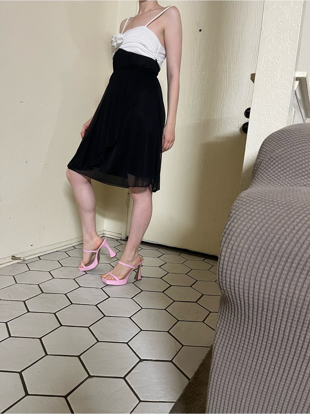 Black A-Line Chiffon dress with White Bodice